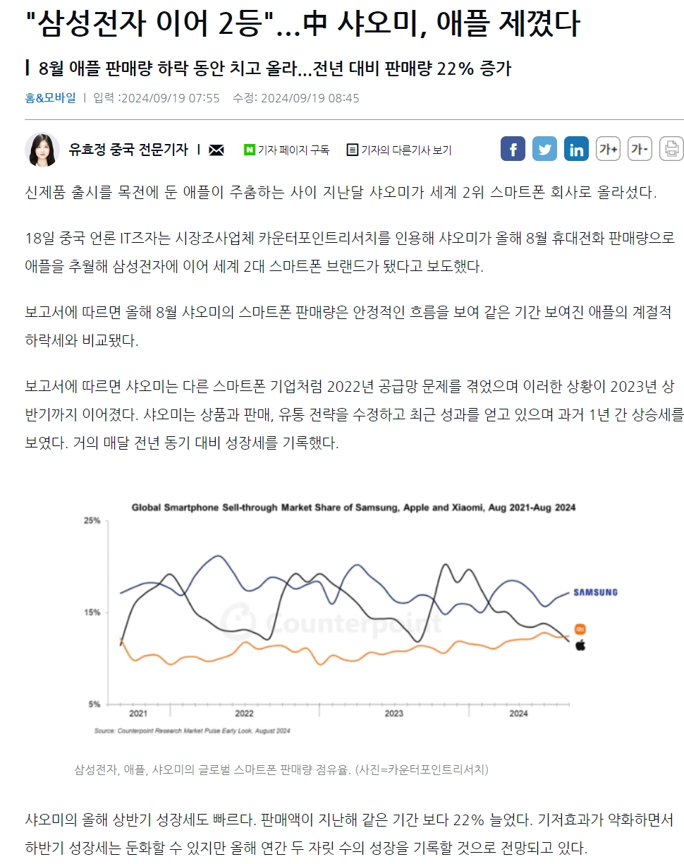 삼성 이어2등 중국 샤오미, 애플 판매량 제꼈다.