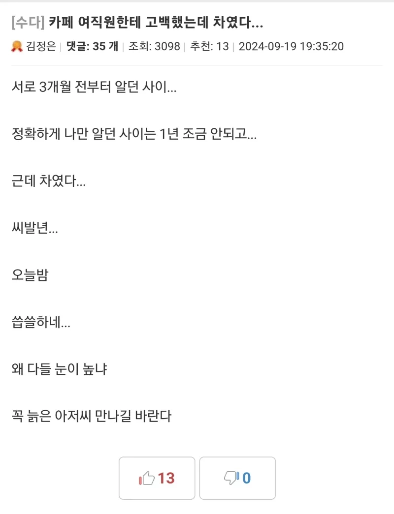 카페 알바생한테 고백했다 차인 남자