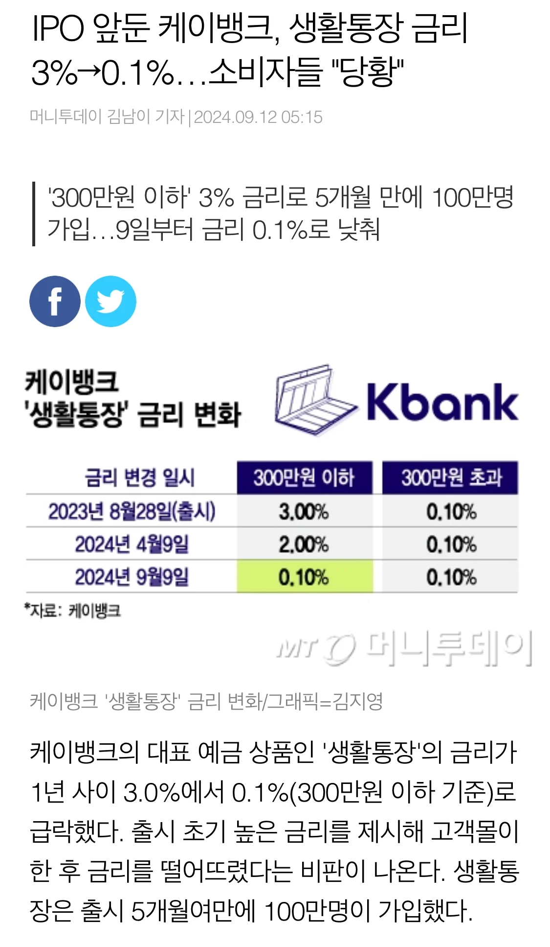 케이뱅크 금리 3% 주던 예금 통장 근황